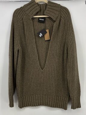 Hugo Boss New Men Medium Deep V-neck 100% Wool Chunky Knit Sweater